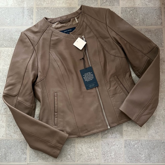 NWT Cole Haan Lambskin Leather Asymmetric Zip Jacket